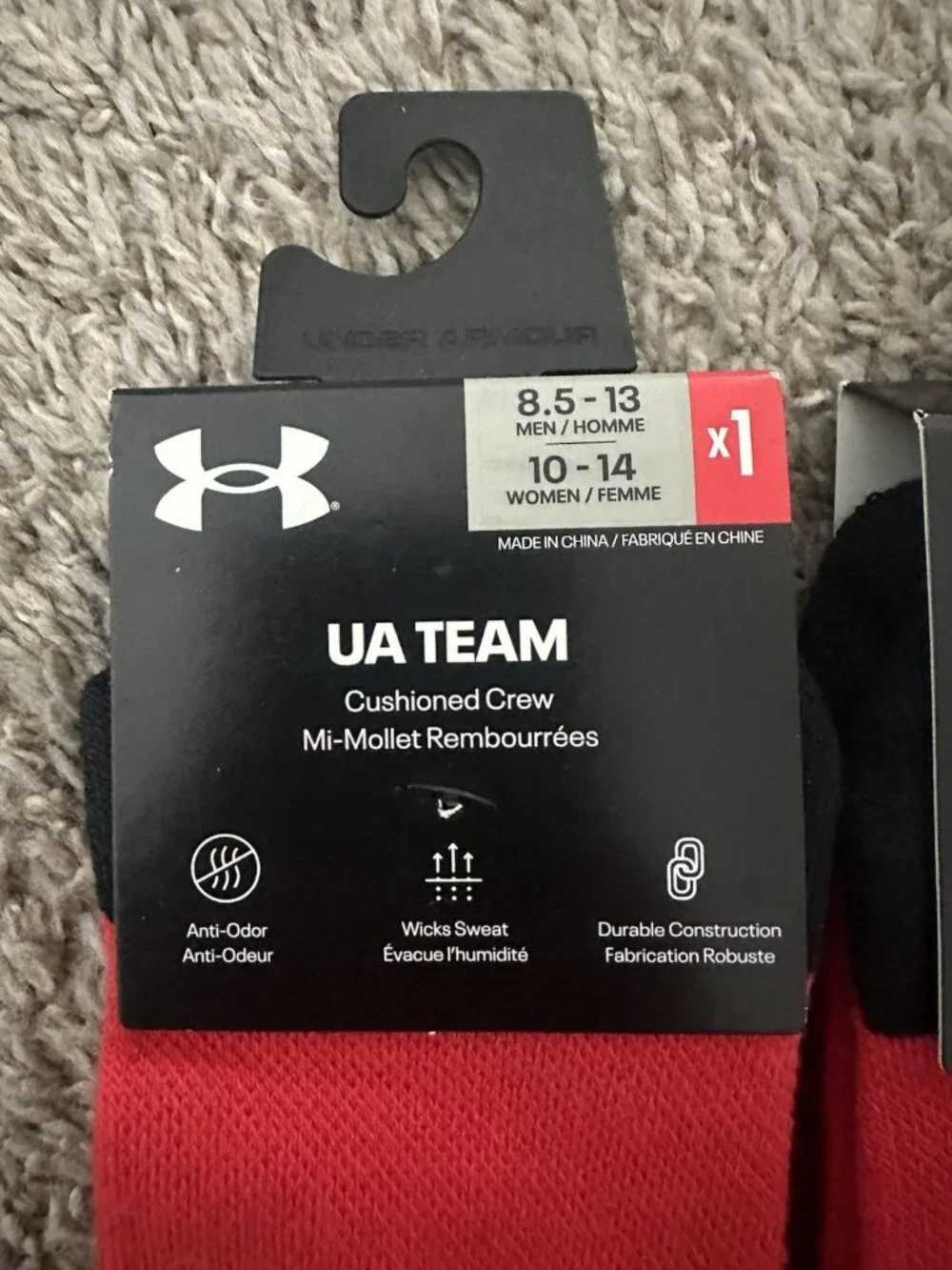 Under Armour UA Team Crew Socks Bright Red Men's 8.5-13, Women's 10-14 Set of 3